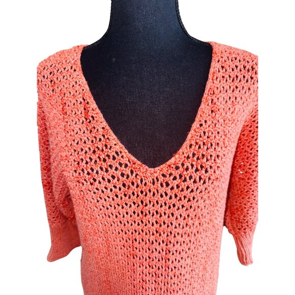 Sundance Loose Knit Coral VNeck Sweater Tunic 3/4 Sleeve Boho Cottage Core Beach - Picture 2 of 7